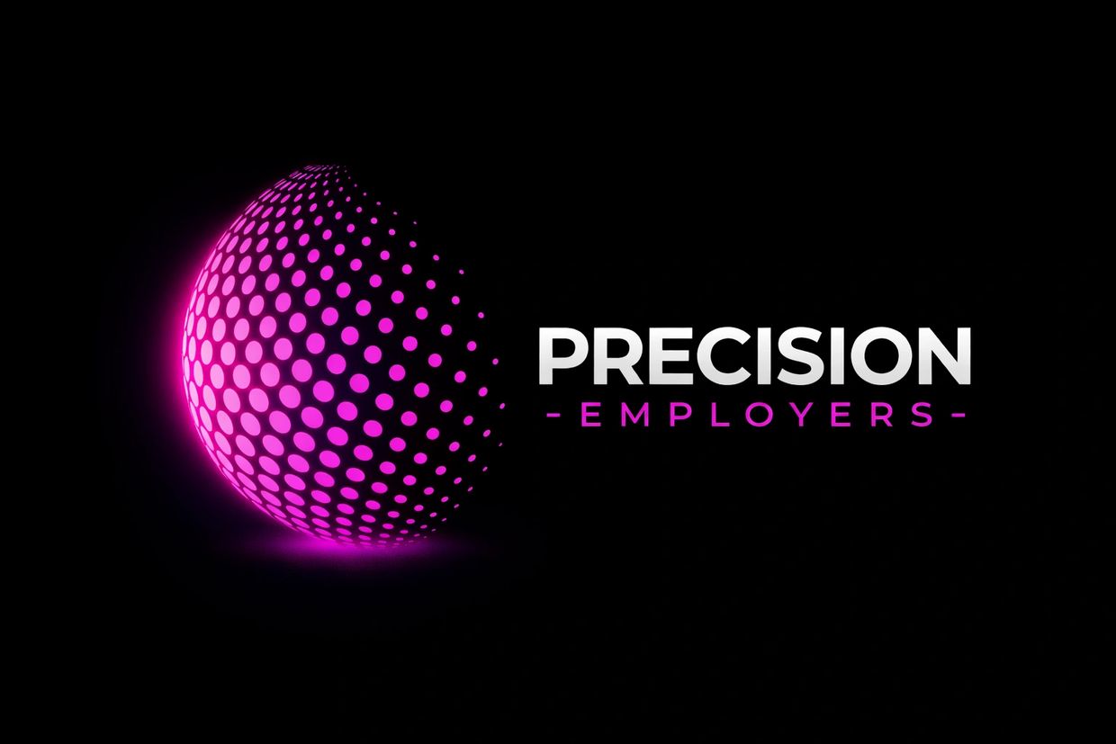 Glowing pink dotted sphere with 'PRECISION EMPLOYERS' text on a black background.