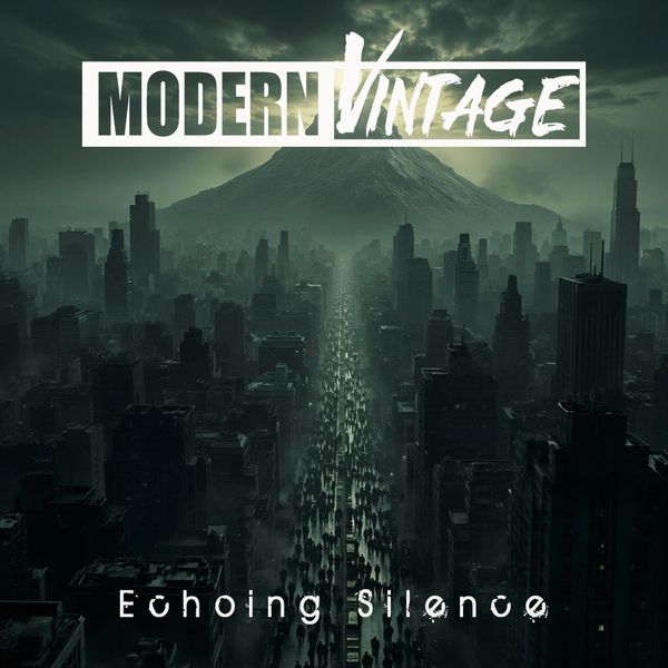 Dark cityscape with modern vintage text overlay and Echoing Silence caption.