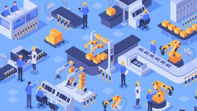 Robotic arms and workers operate in a futuristic automated factory setting.