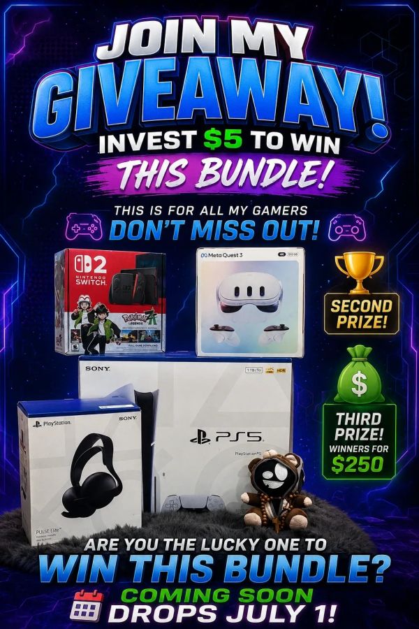 Gaming giveaway with prizes including Nintendo Switch and PS5.