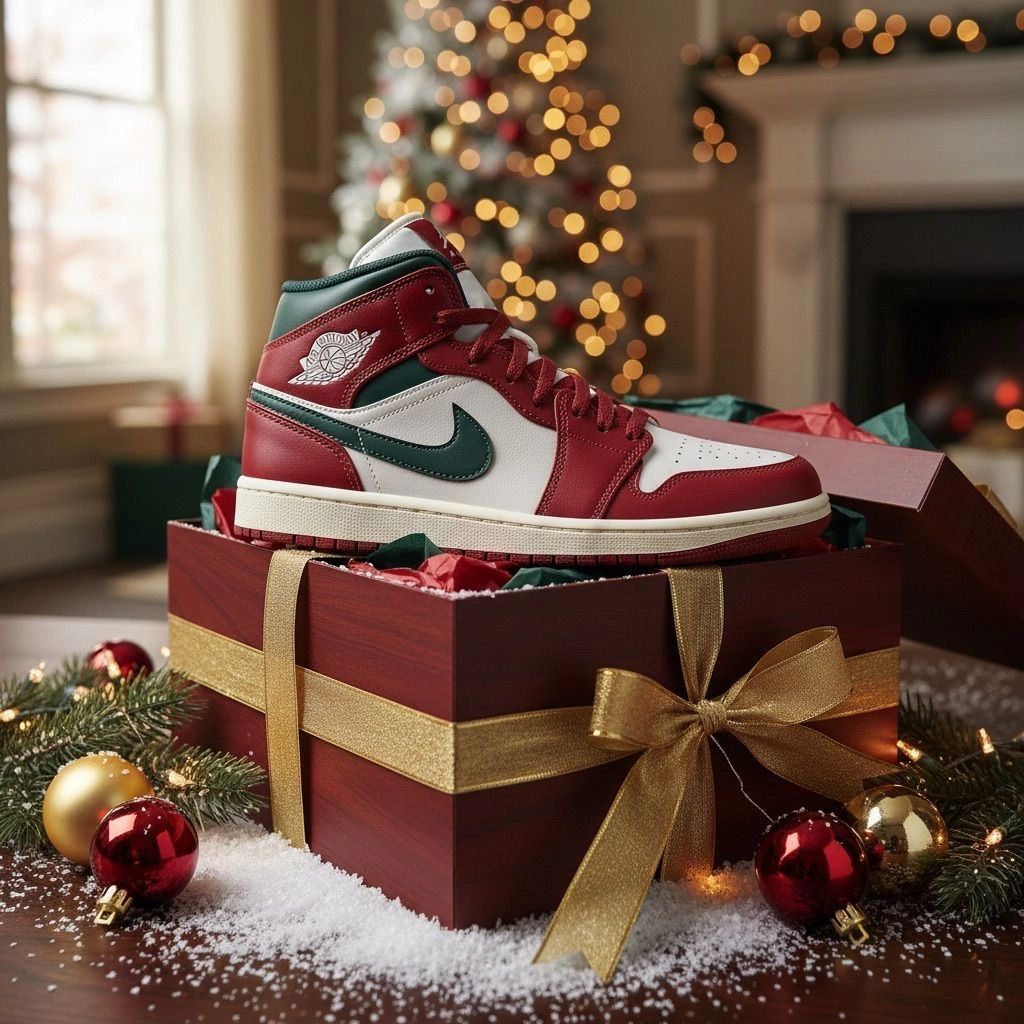 Holiday-themed Nike Air Jordan sneaker displayed on a gift box with Christmas decorations.