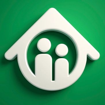 White house icon with two person figures inside on green background.