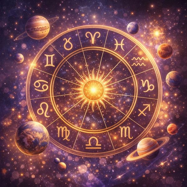 Glowing zodiac wheel surrounded by planets in a cosmic space.
