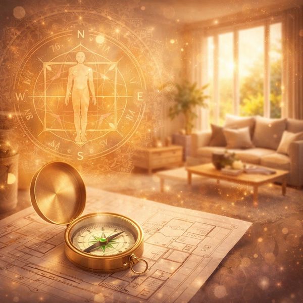 Golden compass on a blueprint with a mystical human figure and compass rose overlay.