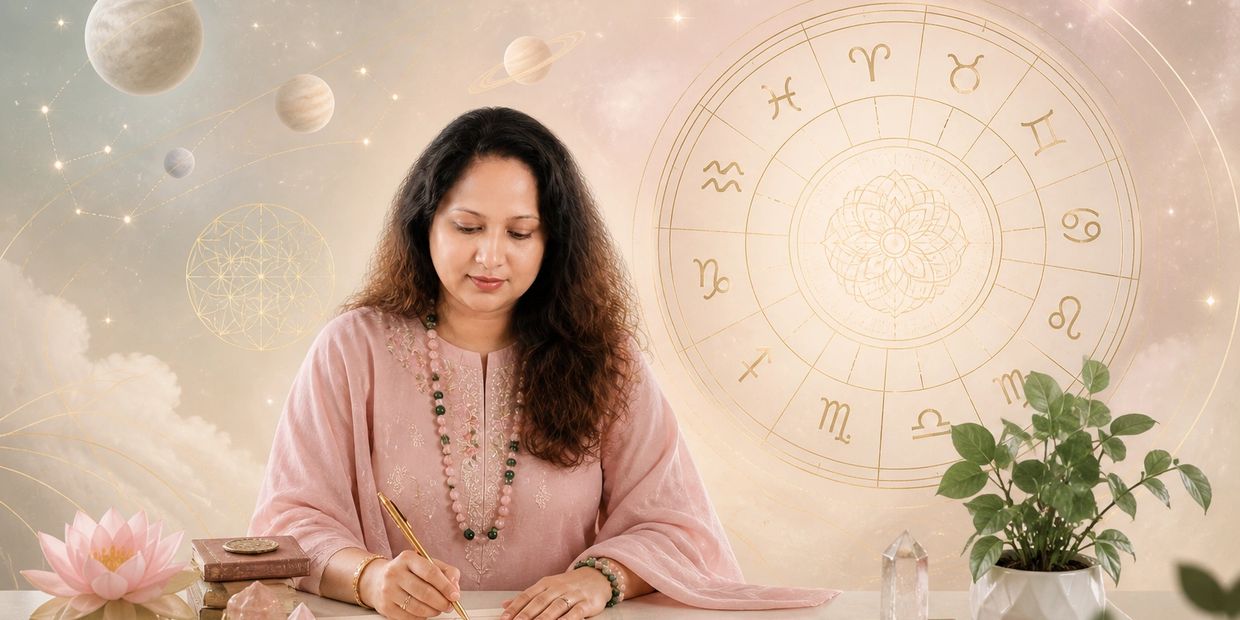 Woman studying astrology with zodiac chart and planets in soft background.
