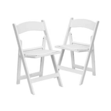 White resin chairs. 
$3.95 per adult chair and &2.95 per kids chair