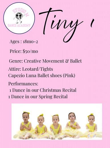 Dance class info for Tiny 1 with young girls in yellow tutus.