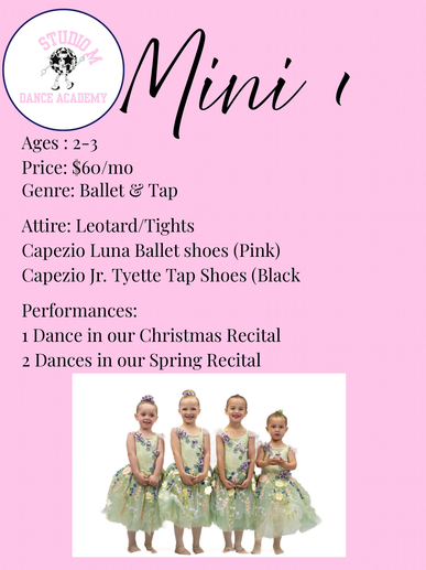 Flyer for Mini 1 dance class ages 2-3 with ballet and tap.