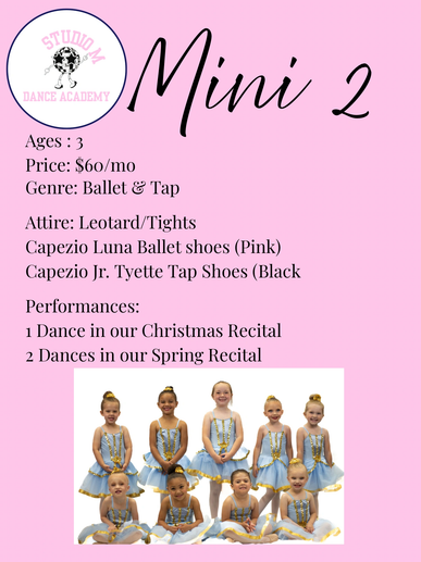 Dance class flyer for Mini 2, ages 3, ballet and tap.