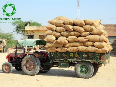 A tractor loaded with numerous sacks of agricultural produce in a rural setting.