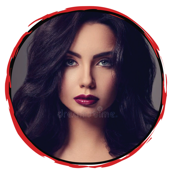 Portrait of a woman with dark hair and bold makeup inside a red circular frame.