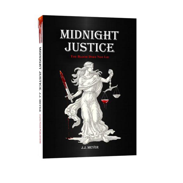 Book cover of Midnight Justice with a bloodied sword and scales of justice.