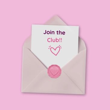 Envelope with "Join the Club!!" note and heart on pink background.