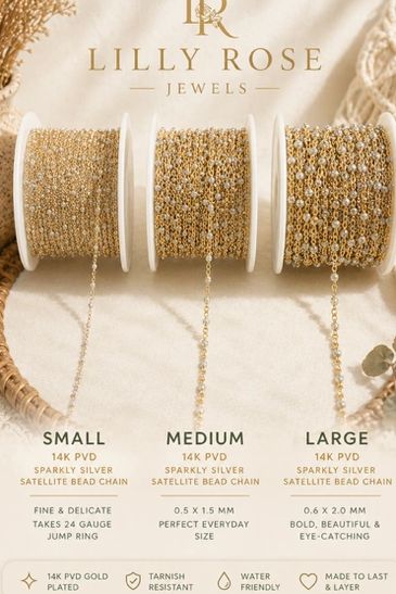 Gold-plated sparkly silver satellite bead chains in small, medium, and large sizes by Lilly Rose Jewels.