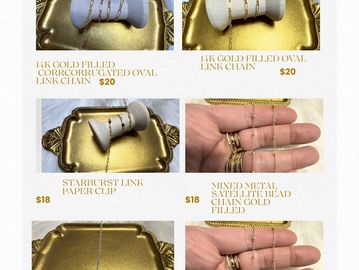 Gold-filled chains and paperclip necklace displayed on trays and hands.