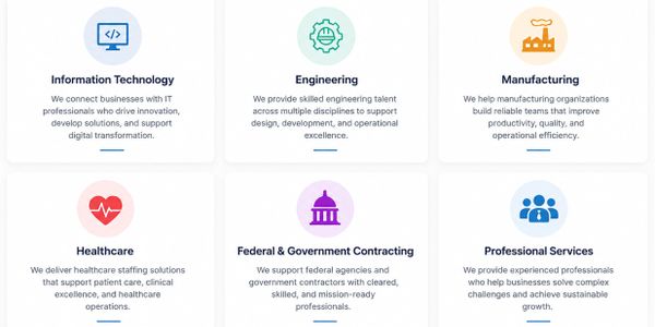 Icons and descriptions of six professional sectors: IT, Engineering, Manufacturing, Healthcare, Government, and Professional Services.