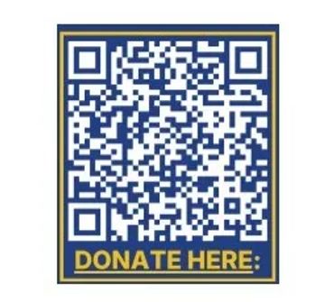 Blue QR code with 'DONATE HERE' text below it.