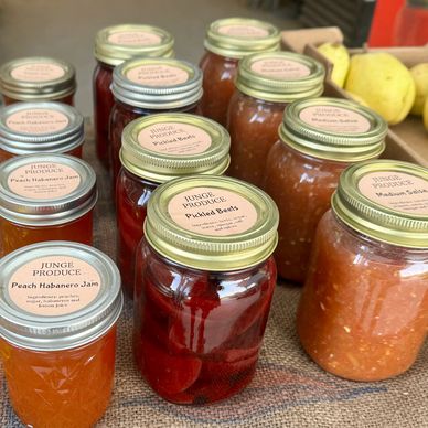Local honey, jellies, jams, pickled beets and salsa on display