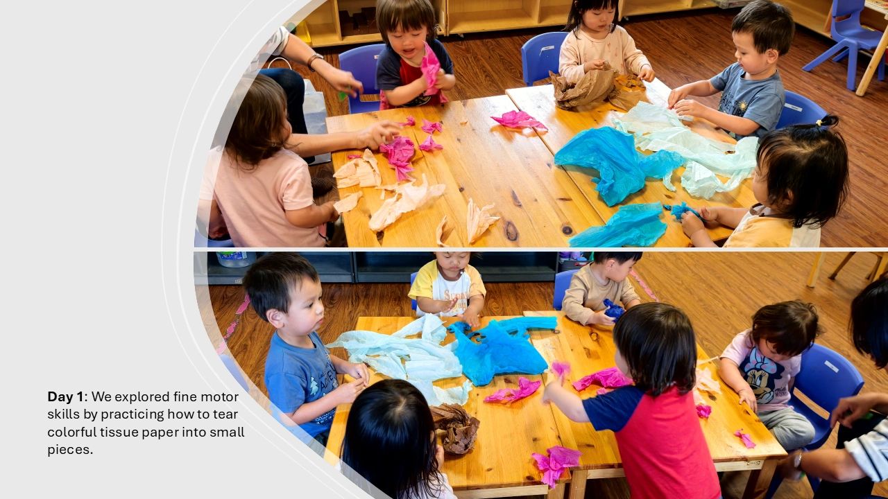 Children tearing colorful tissue paper to develop fine motor skills.