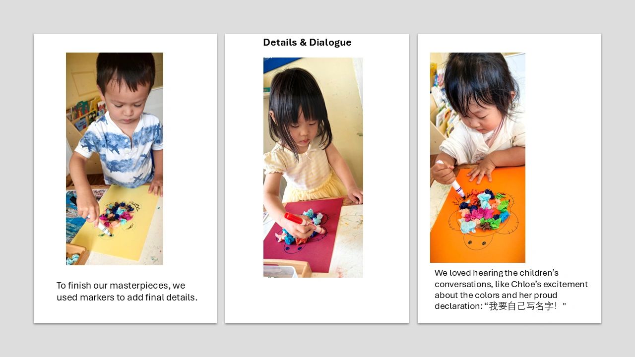 Children adding details with markers to colorful art projects.
