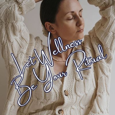 Woman in cozy sweater with wellness message overlay.