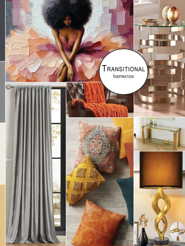 Transitional home decor inspiration with art, pillows, and elegant furnishings.