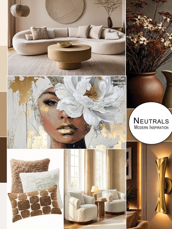 Collage showcasing neutral tones in modern interior design and art.