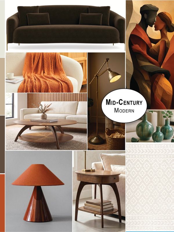 Mid-century modern living room design elements and furniture.