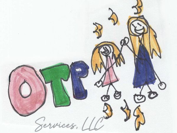 Childlike drawing of two girls with letters OTP.