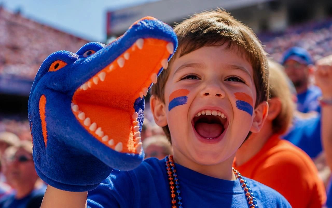 Cheerful boy wearing a blue and orange alligator hand puppet at a sports event.