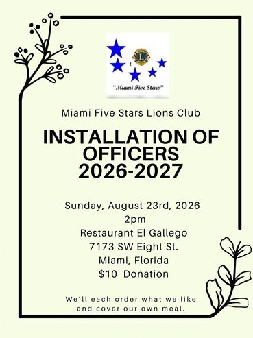 Invitation for Miami Five Stars Lions Club officer installation in 2026.