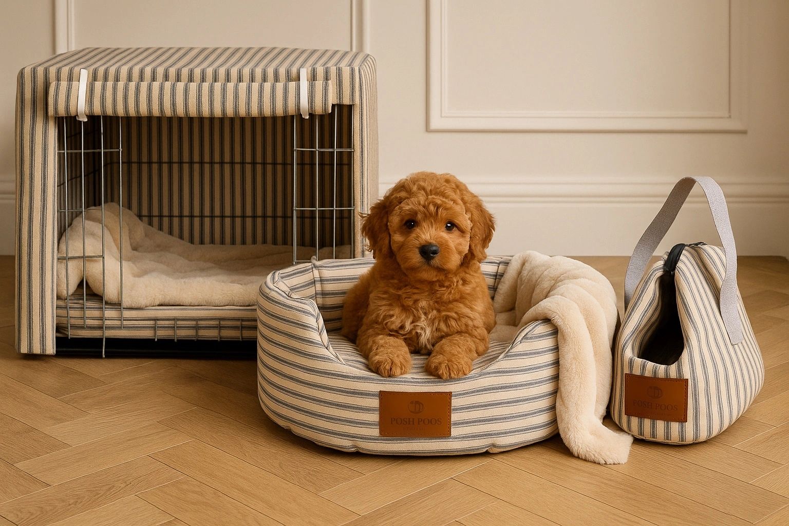 posh poos dog crate cover, dog bed and dog carrier bag with a beautiful cavapoochon puppy