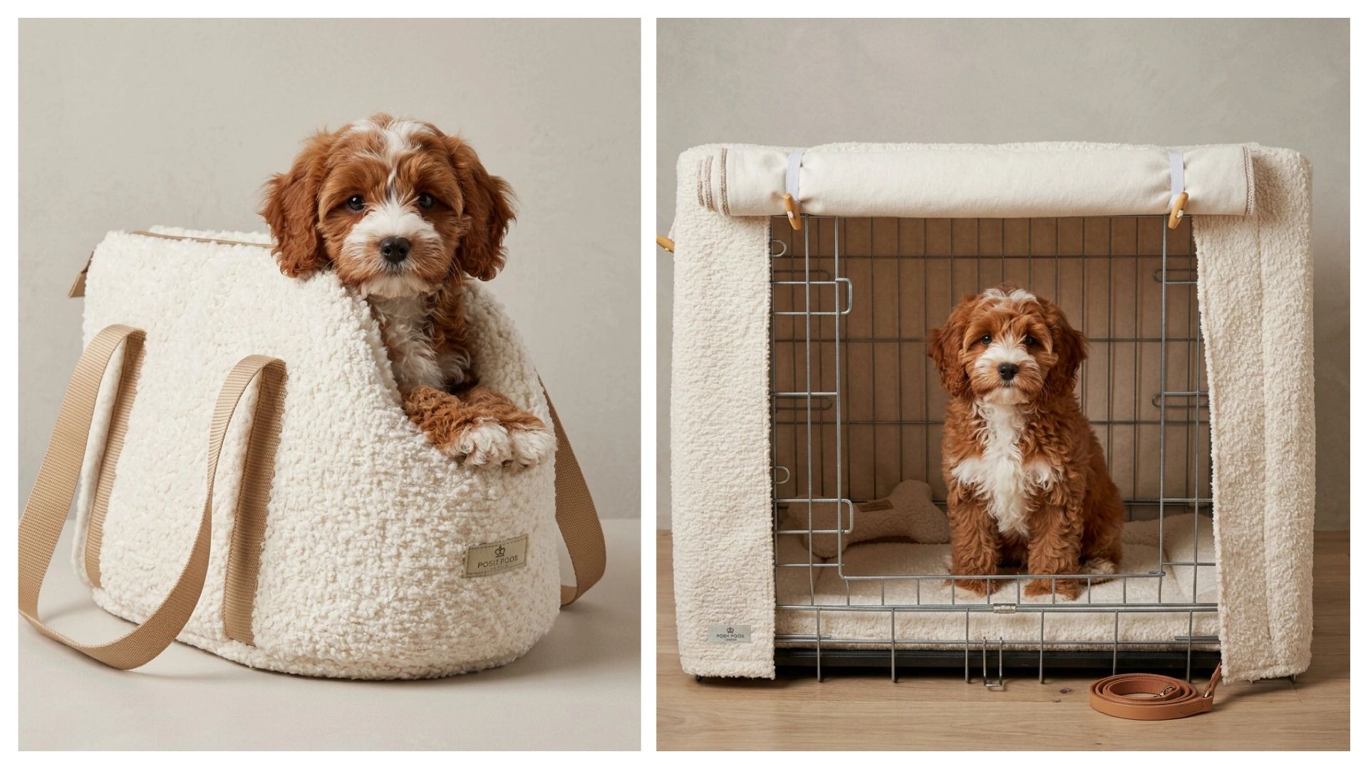 red and white cvaapoochon puppy sitting inside of a cream boucle dog bag and dog crate set 