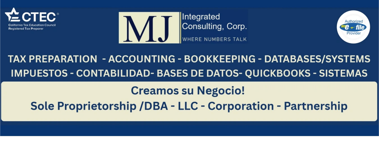 MJ Integrated Consulting offers tax, accounting, bookkeeping, and business formation services in English and Spanish.