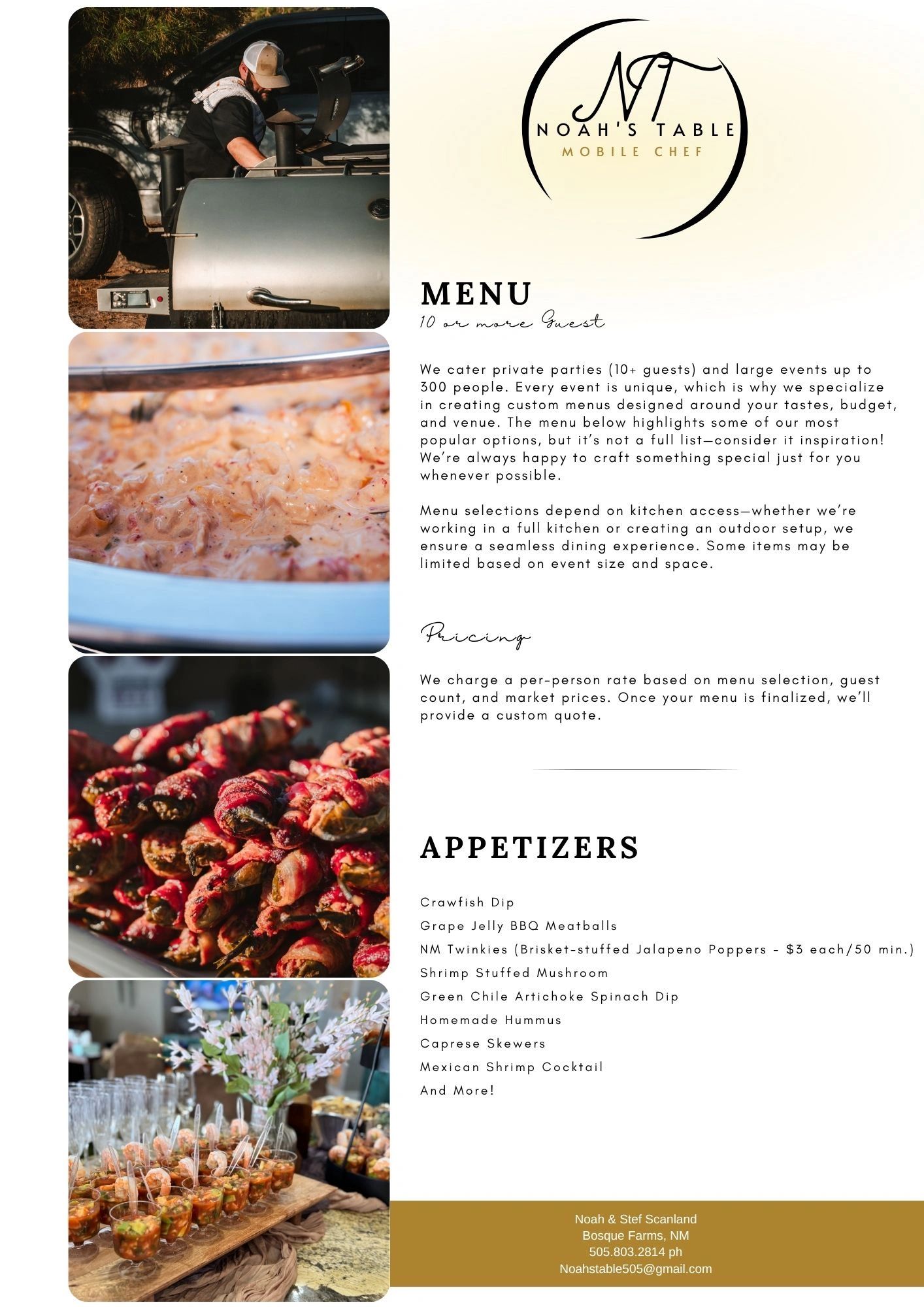Noah's Table Mobile Chef menu with appetizers and catering details.