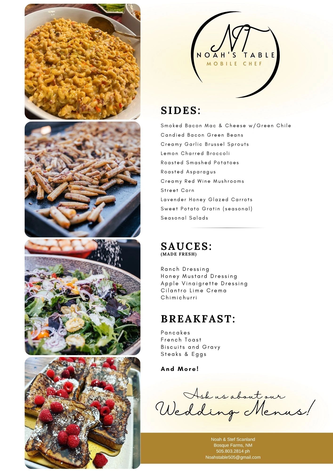 Noah's Table menu featuring sides, sauces, and breakfast options with vibrant food images.