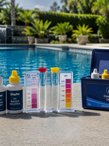 Chlorine test kit by a pool.