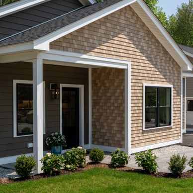 Modern house entrance with wood shingles and white trim.