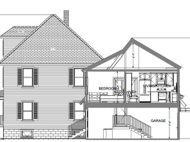 Architectural cross-section of a house showing bedroom, living/kitchen, and garage areas.