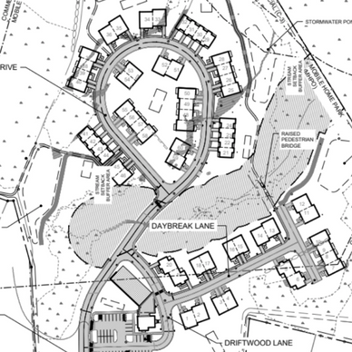 Architectural site plan showing layout of residential buildings and roads.