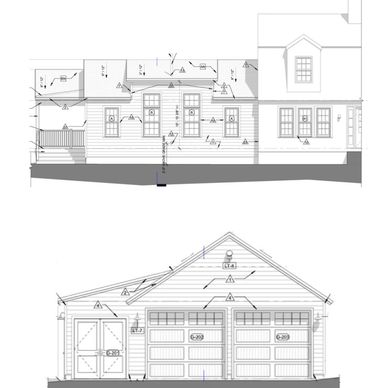 Architectural blueprint showing house side and garage front elevations.