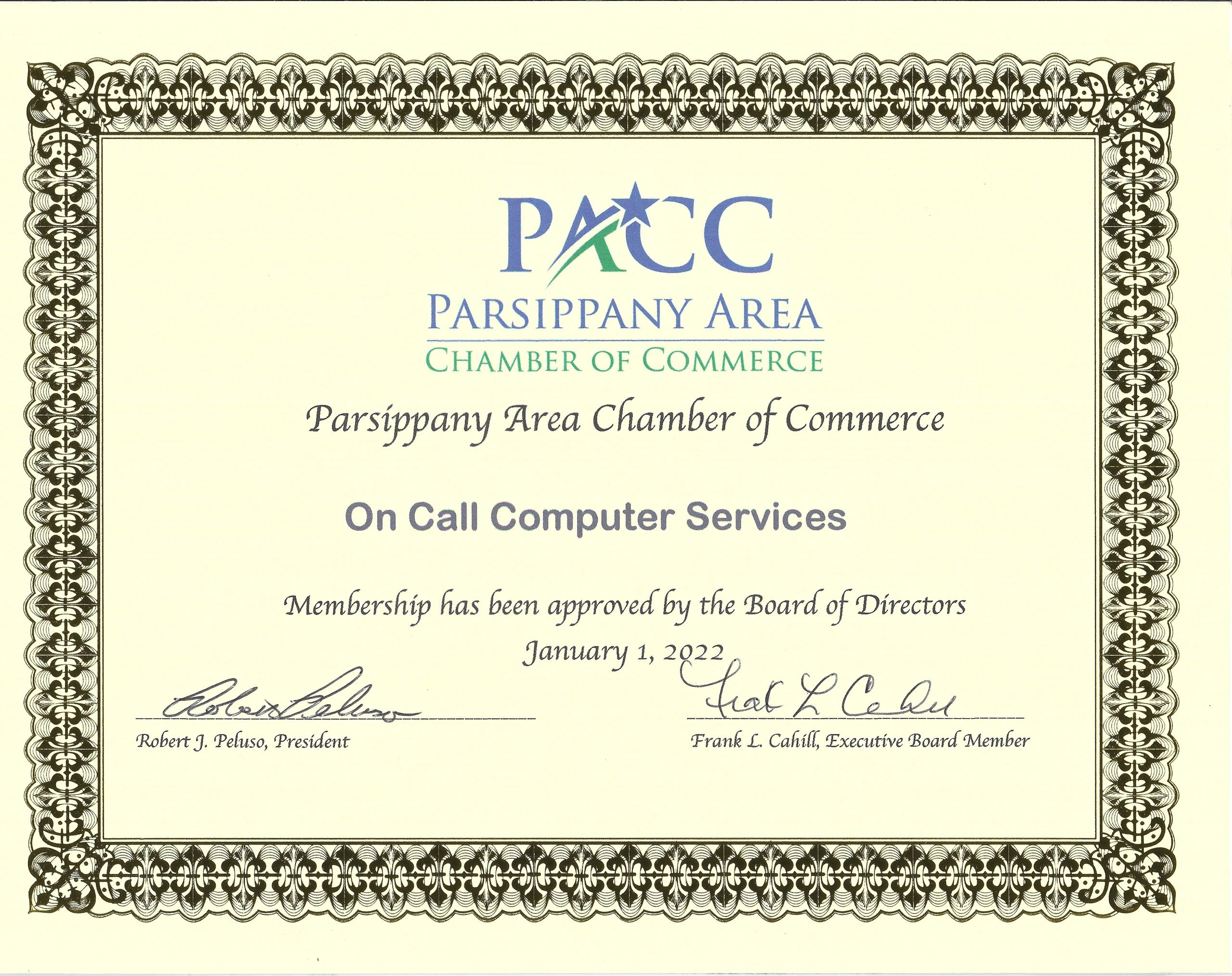 Parsippany Area Chamber of Commerce membership certificate