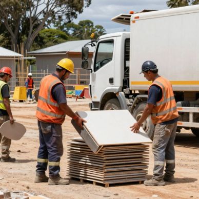 Workers stacking tiles at a construction site.