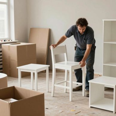 Man arranging white furniture in a room.