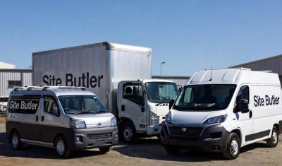 Three Site Butler branded delivery vans parked outdoors.