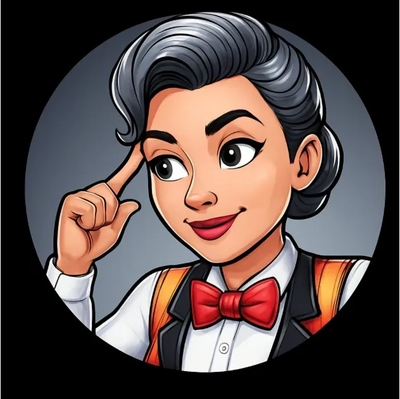 Cartoon of a thoughtful woman with gray hair and red bow tie.