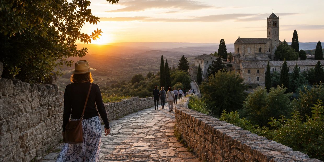 A woman walks along a stone path toward a historic village at sunset.