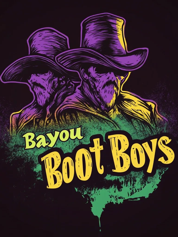 Illustration of two mysterious cowboy figures with 'Bayou Boot Boys' text.
