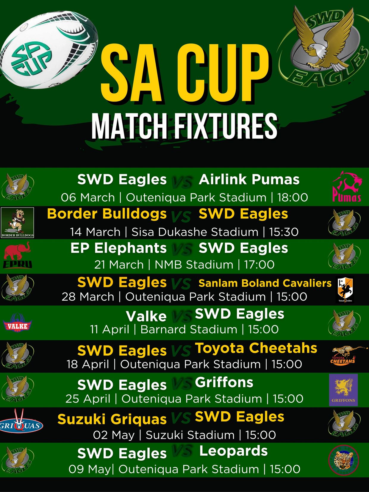 SA Cup rugby match fixtures featuring SWD Eagles and various teams from March to May.