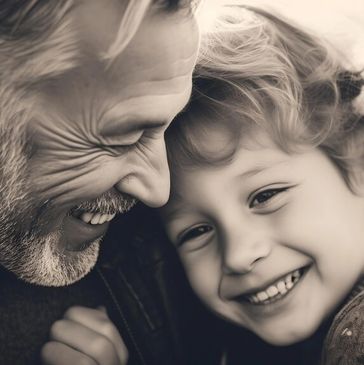 A grandfather and granddaughter smiling and laughing 